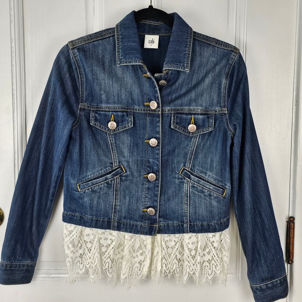 Jacket Cabi denim jacket removeable lace peplum size Small